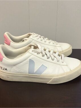 Veja Women's White Leather Sneakers with Pink Heel and Pale Blue V